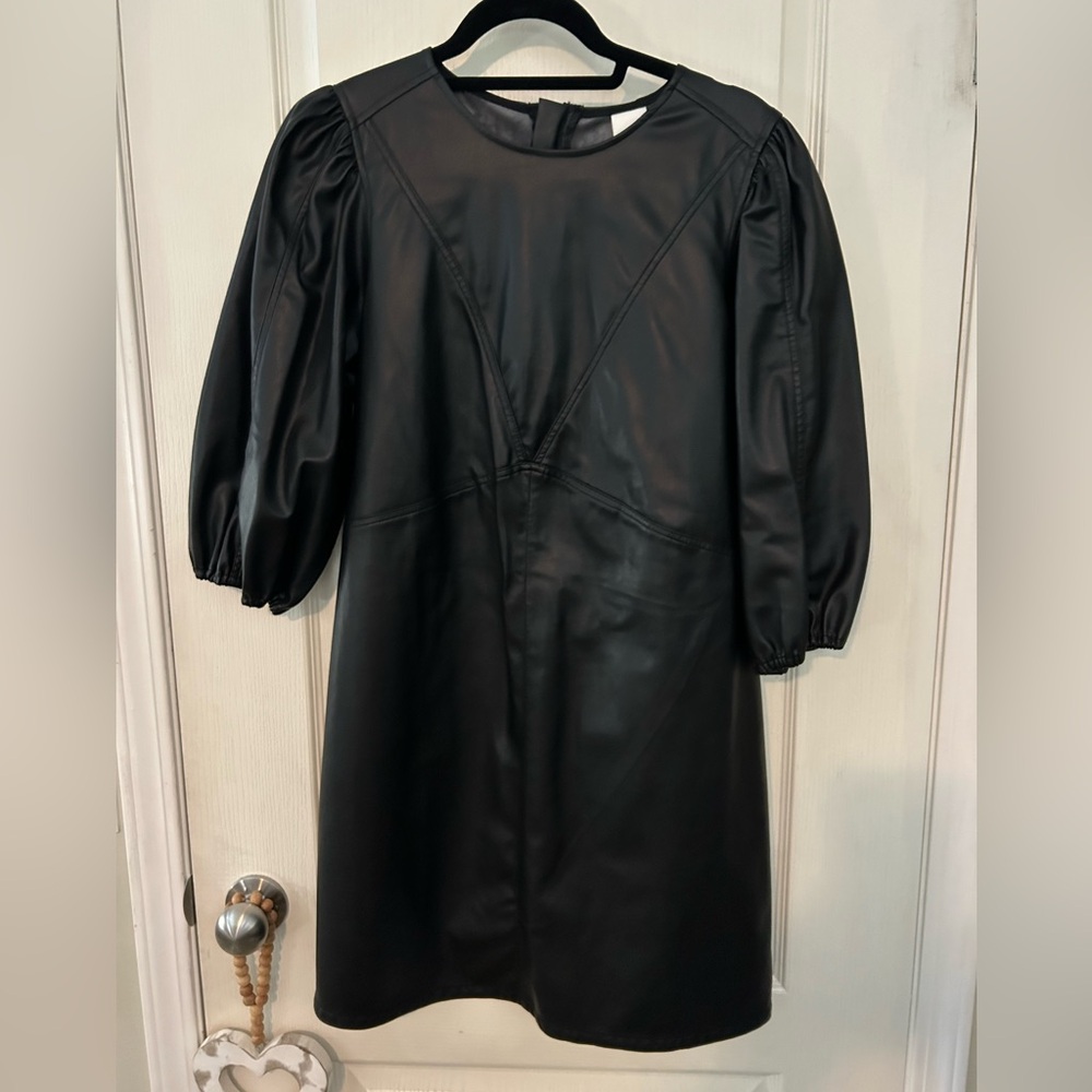 H&M Elegant Faux Leather Black Puff Sleeve Dress